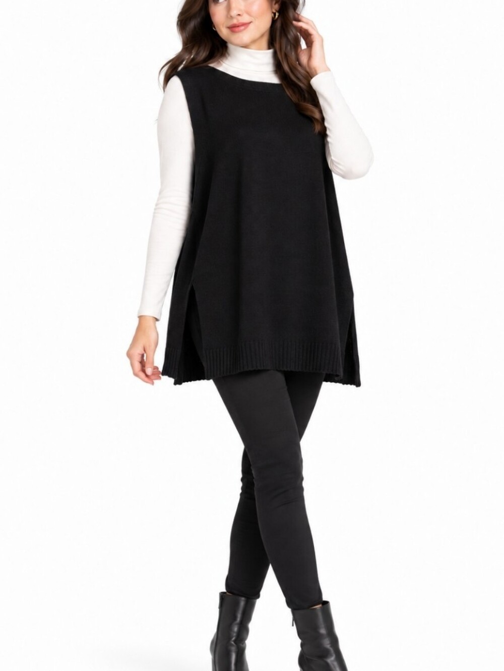 Kaliyana Solid  Black Oversized Knit Tunic Sweater Vest Made in Canada Minimalis